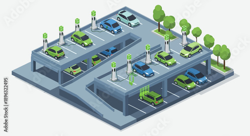 Aerial view of a multi-level parking garage with cars and trees in an urban environment electric vehicle, charging station, ev infrastructure, clean energy, smart city