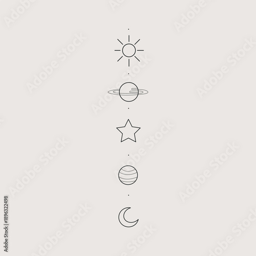 Minimalist celestial symbols set in thin line art style, Sun, Saturn, Star, Jupiter and Moon crescent