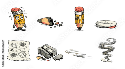 Cartoon pencils and supplies with various expressions and states