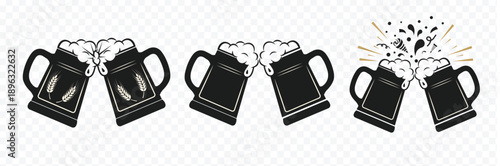 Celebratory toast with two beer mugs clinking, overflowing with foam and festive splashes