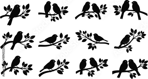 Bird silhouette icon set, perched on leafy branches, black vector illustration, nature and wildlife theme, artistic design elements, isolated on white background