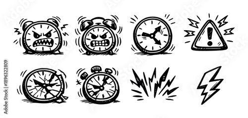 Dark monochrome alarm clock icons with expressive faces and symbols