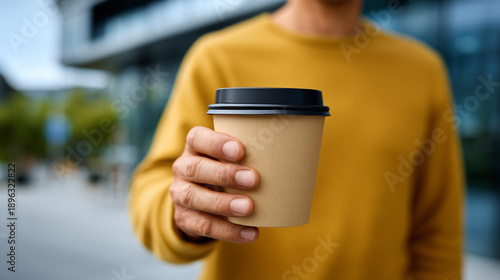Faceless person holding a takeaway coffee cup on a city street, macro close-up on hands and cup details, blurred urban background