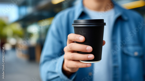Faceless person holding a takeaway coffee cup on a city street, macro close-up on hands and cup details, blurred urban background