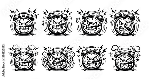 Animated angry alarm clocks displaying various expressions and emotions