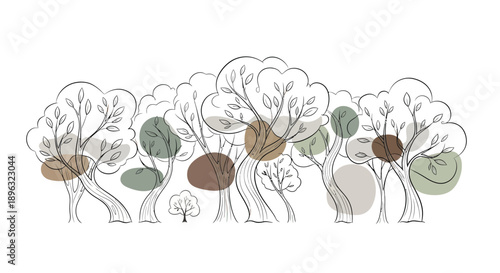 Forest trees grove with organic abstract shapes and muted tones