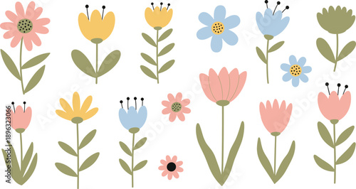 Collection of hand drawn flat floral elements with colorful spring flowers and botanical leaves in boho style isolated on white background for greeting card design and patterns