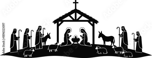 Nativity scene silhouette illustration, birth of Jesus, Mary, Joseph, Wise Men, animals, black vector design, Christmas religious theme, isolated on white background