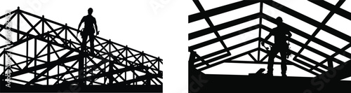 Construction worker silhouette on steel roof truss frame, industrial building structure under construction, safety, architecture, engineering, industry, workplace, progress, development