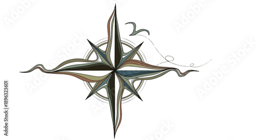 Compass rose with artistic swirl lines and earth tones