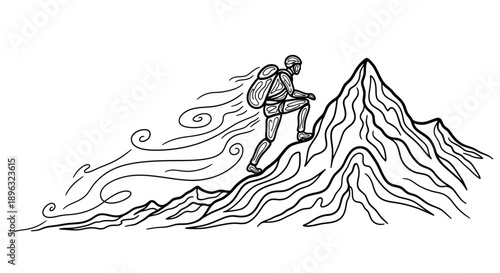 Hiker climbing mountain peak with wind trails line art