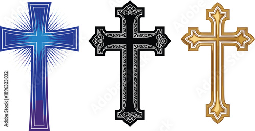 Christian Cross Icon Set Featuring Ornamental Sacred Crosses in Blue, Black, and Gold Styles for Religious Faith, Church Design, Spiritual Art, and Worship Concepts.