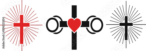 Christian Cross Icon Set with Sacred Heart and Radiant Sunburst Symbols for Faith, Church, Spiritual, and Religious Graphic Design Projects
