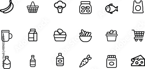 Minimal grocery store line icons set featuring food shopping essentials vector illustration for apps websites branding UI packaging menus ecommerce