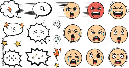 Emoji expressions set. Vector cartoon emoticons collection. Cute smiley faces showing different emotions: happy, sad, angry, crying, surprise. Funny character