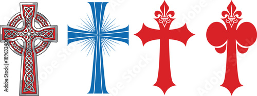Christian Cross Symbol Icon Set Featuring Celtic Cross, Radiant Sacred Cross, Fleur De Lis Cross Designs, Religious Faith Emblems, and Decorative Spiritual Art Concepts.