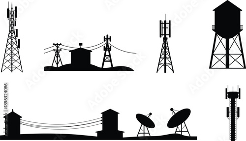 Telecommunication and infrastructure silhouette icon set featuring cell towers power lines satellite antennas vector illustration for network technology concepts