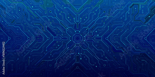 Abstract blue circuit board pattern with symmetrical design and futuristic technology