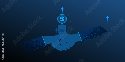 Digital handshake agreement with a floating dollar symbol depicting financial deals