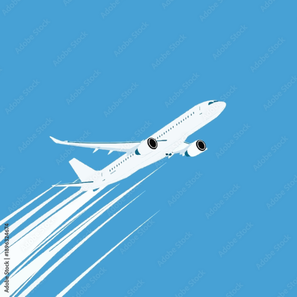 Obraz premium A white airplane flying upwards with contrails against a blue sky