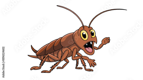 A cartoon illustration of a brown cockroach with large yellow eyes and a wide-open mouth showing small fangs (4)_traced