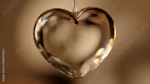 Close up of a clear glass heart pendant with water droplets.