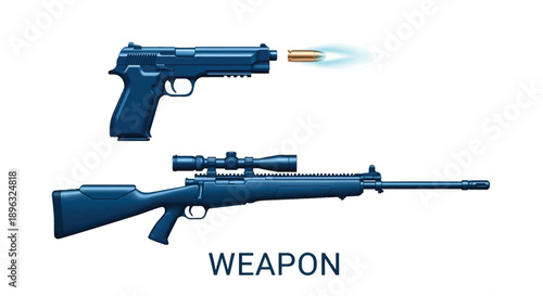 Blue illustrations of a handgun firing and a rifle with a scope