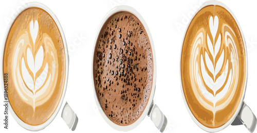 Coffee Cup Top View Illustration Set Featuring Latte Art, Cappuccino, Espresso Foam, Cafe Beverages, and Professional Barista Drink Presentation Concepts.