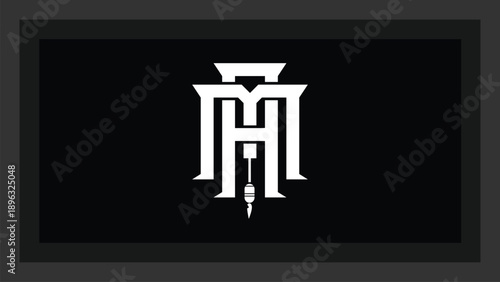 Modern Monogram Ma with Tattoo Machine Needle Icon on Black Background