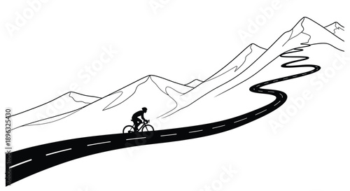 Cyclist riding bicycle on winding road toward mountain peaks