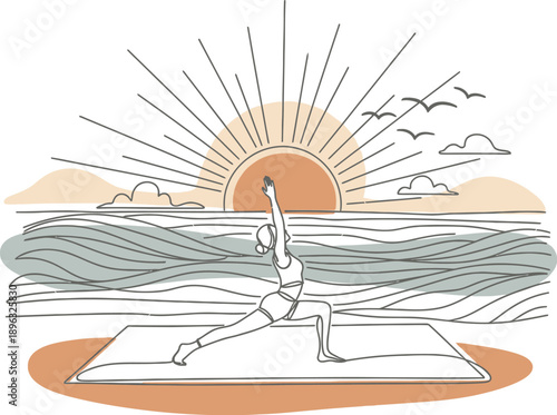 Woman practicing yoga at beach during sunrise vector illustration