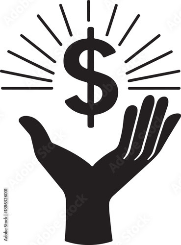 Coin with dollar sign held by hands with radiating lines symbolizing financial support and protection, black and white icon representing currency transfer or financial security