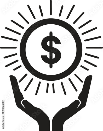 Hand holding a dollar sign with radiating lines symbolizing financial growth, prosperity, and economic power, representing monetary success and wealth management concepts