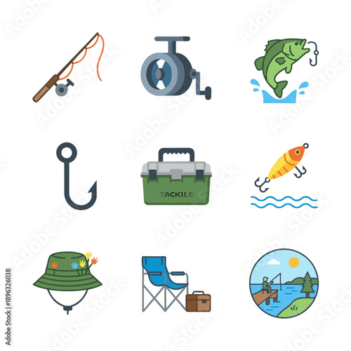 Fishing icons set for outdoor enthusiasts and adventure seekers