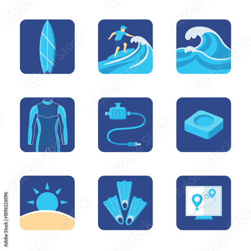 Set of modern blue icons for surfing and scuba diving activities