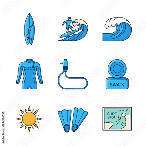 Surfing essentials and icons in modern blue design