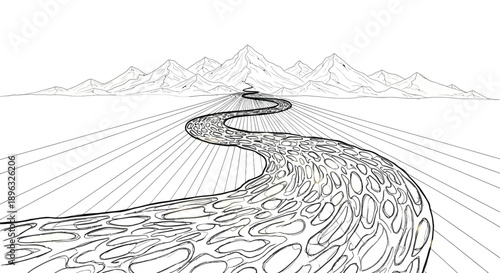 Long winding path leading to distant mountain peaks illustration