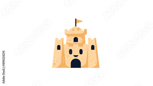 Cute Sandcastle with Smiling Face on White Background