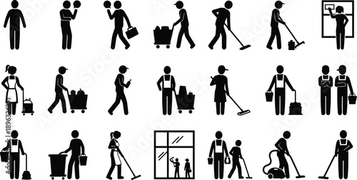 Janitorial and cleaning activity silhouette set, mopping, vacuuming, spraying, pushing carts, black vector illustration, maintenance theme, isolated on white background