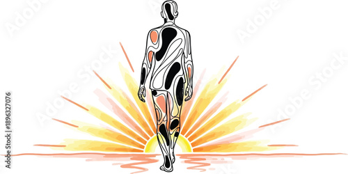 Man walking toward rising sun illustration with abstract patterns
