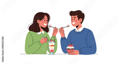 Illustration of a man and woman sharing ice cream on a white background