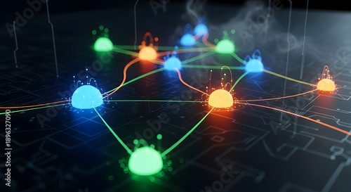 Network Nodes with Glowing Connections and Purple Hues