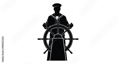 Silhouette of a sailor at a ship s wheel facing forward
