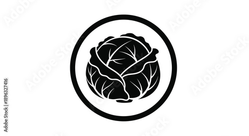 Black and white illustration of a cabbage within a circular frame