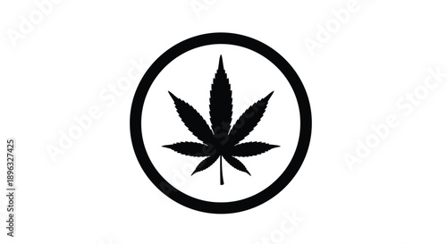 A black and white circular graphic featuring a cannabis leaf symbol