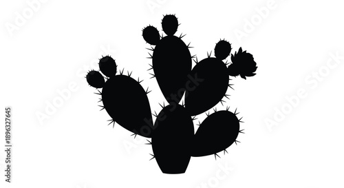 Silhouette of a prickly pear cactus with multiple pads and blooms