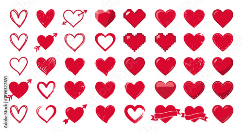 Collection of Red Hearts in Various Styles, Including Outline, Pixelated, and Textured Designs, Symbolizing Love and Romance