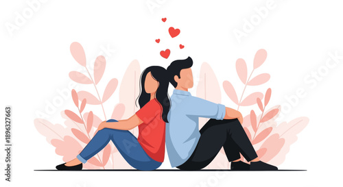 Illustration of a romantic couple sitting back to back with hearts floating above on a pink floral background