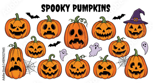 Collection of Halloween pumpkins, ghosts, and bats, perfect for spooky decorations and festive occasions