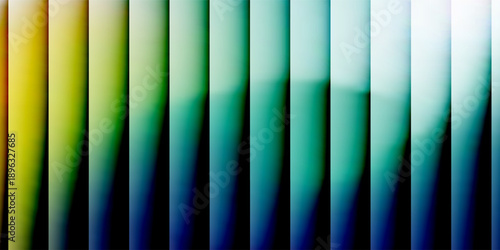 3d render, dynamic abstract geometric stripes in blue and green gradient on a black background